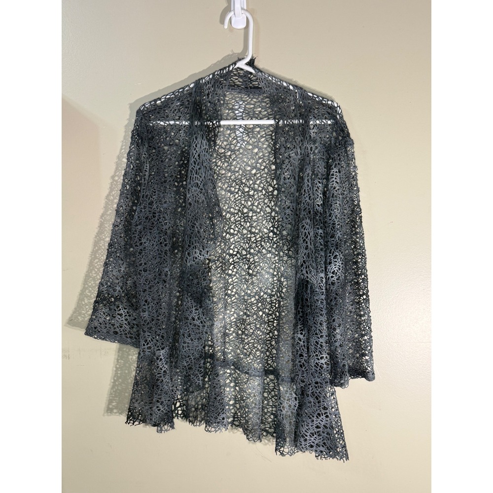 Grey Black Crochet Lace Open Front Cardigan Made in Canada Sheer Mesh Wrap L